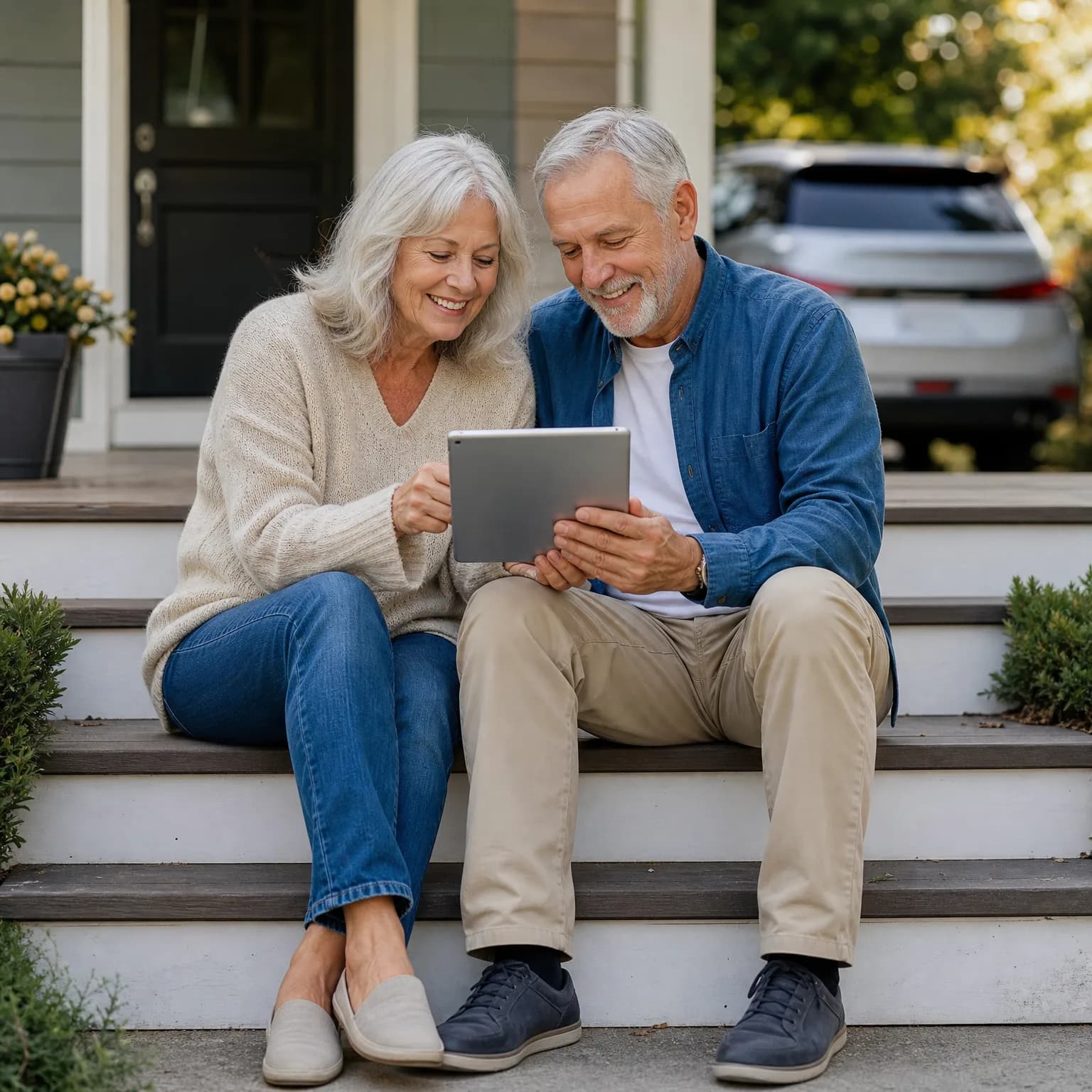 An older man and woman sit together on white porch steps, smiling as they look at a tablet held between them, with a parked SUV and shrubs in the background.