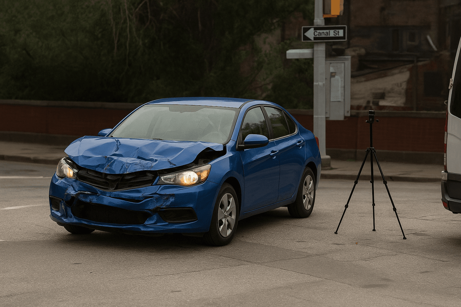 Damaged blue car with crumpled front end and surveyor tripod on street for accident documentation